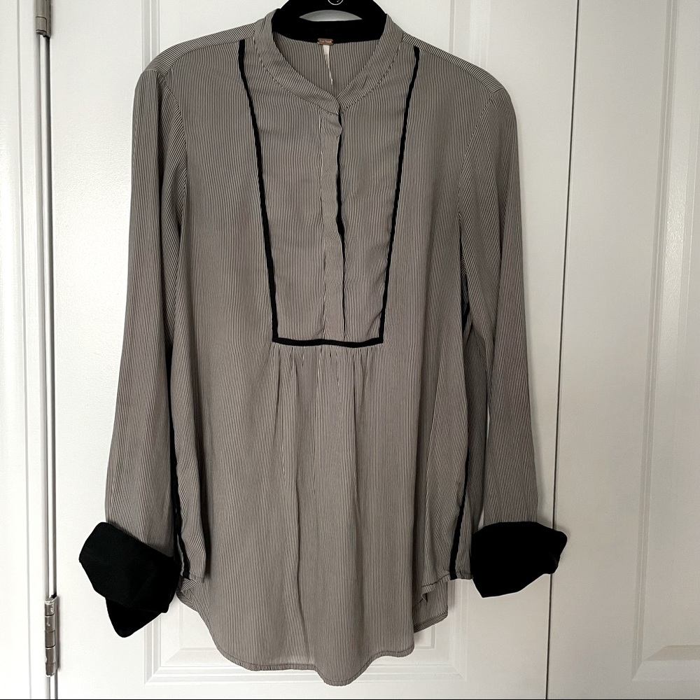 Free People Flowy Top Long Black & White Stripes Long Sleeves Sz Small
